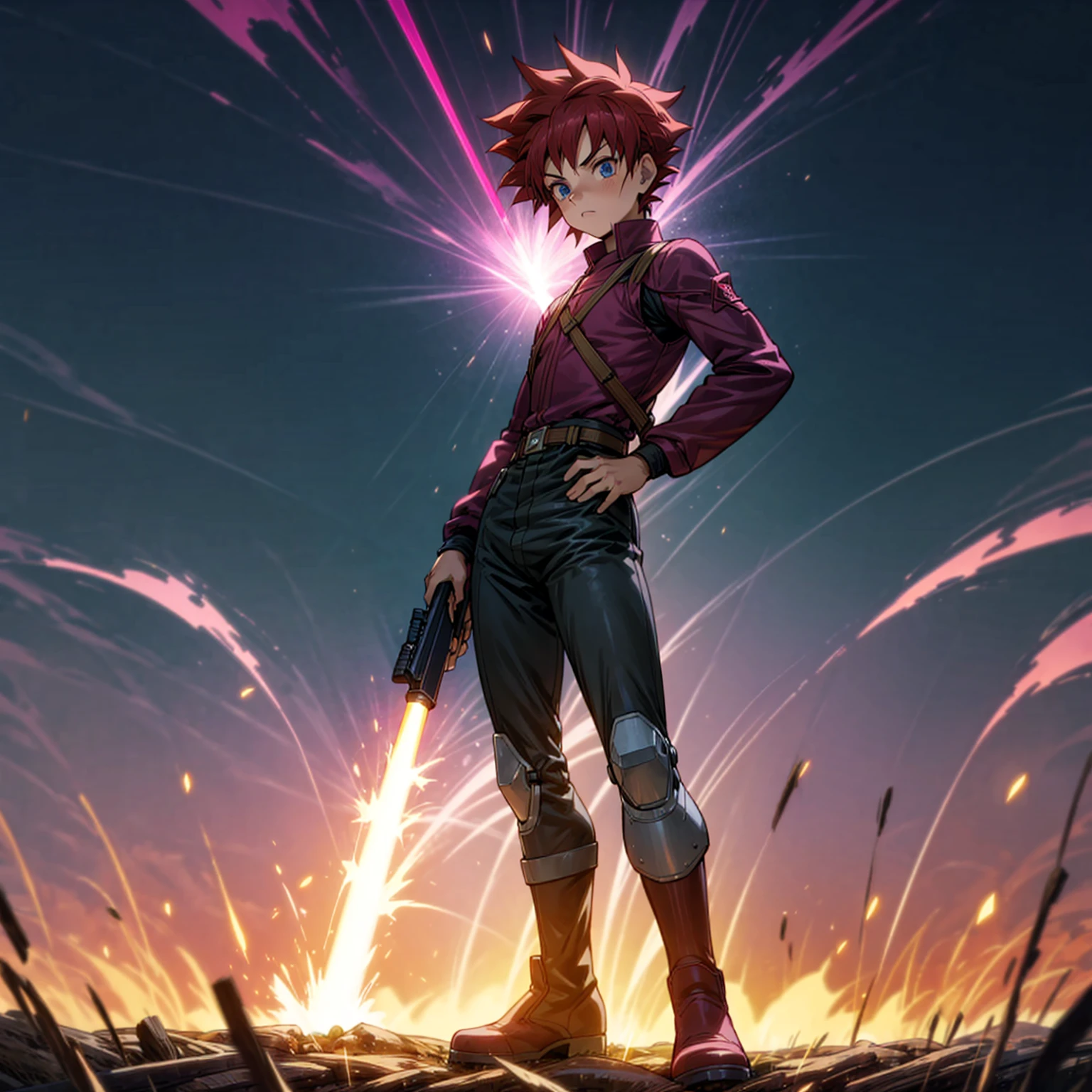 1boy, muscle, Full body version, 1character, blue eyes, short haircut, magenta color hair, Farmer style outfit, Boots, Grassroots, full background in field, motion blur, lighting, (Hunter x Hunter style art), big shotgun in hand, big weapon in hand, robot Shield in hand, smoke effect, fire effect, lighting on gun, plasma effect,