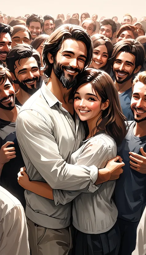 Sam Spratt style - realistic style, smiling man hugging, with medium brown hair and medium beard standing next to a bunch of peo...