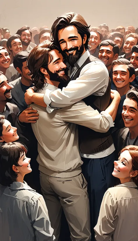 Sam Spratt style - realistic style, smiling man hugging, with medium brown hair and medium beard standing next to a bunch of peo...