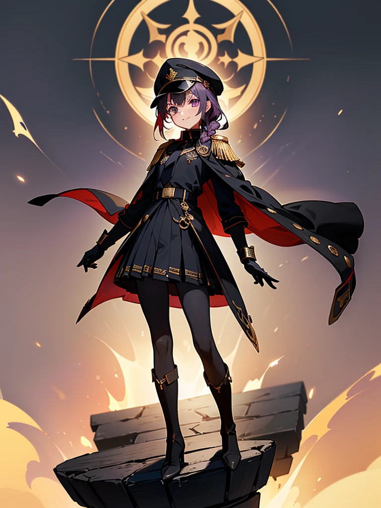 realisitic, City Deserted, Pile of rubble, Brick building, a one woman (18 years old, far away blackw hair, far away slits, Eyes red, glare eyes, 精致的面容, standing (In floor, feet shoulder-width apart), Lolita style military uniform (blackw base, Red Insert, golden decoration, volantes, wide sleeves, dainty and delicate detailing armors), blackw far away gloves (blackw, Red Insert, golden decoration, small hands, armors), blackw far away gloves, knee high boots (blackw, high-heels, red soles), ha (blackw, aba dourada, shield emblem, delicate details), arms in front, Front of belly, Holding military swords with both hands (blackw, golden decoration, delicate detail, Handle at the top, Ground-facing blade, in front of the body, far away), night sky (blackw, stele, Increased flames and smoke) Pale painting style, One Girl, super high quality, Super Detail, Super Detailed image, long hair, looking at viewer, skirt, shirt, hair ornament, violet eyes, gloves, round glasses, long sleeves, hat, closed mouth, jacket, violet hair, braid, open clothes, necktie, black gloves, black skirt, uniform, single braid, open jacket, black jacket, black headwear, 手链, Peaked cap, black necktie, cropped jacket, military hat, pantyhose, Flat Chest, smile, Black Cape