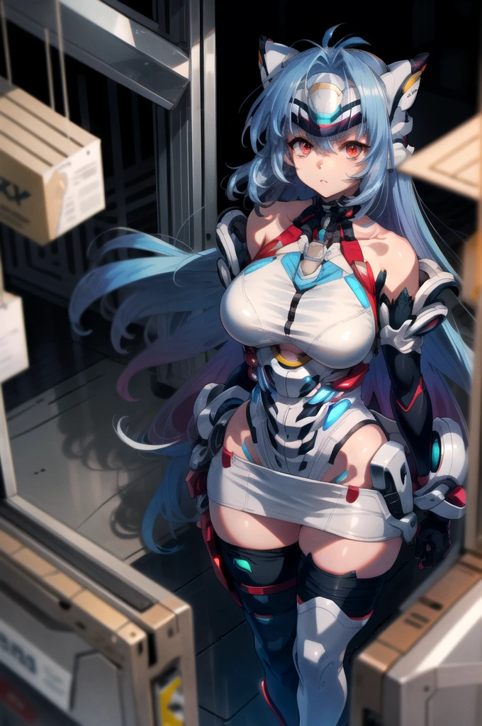 masterpiece,best quality,1girl,kos-mos,android,blue hair,red eyes,forehead protector,leotard,thighhighs,elbow gloves,bare shoulders,huge breasts,wide hips,thick thighs,expressionless,standing,crossed legs,POV,