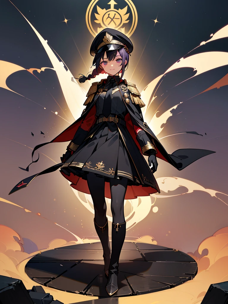 realisitic, City Deserted, Pile of rubble, Brick building, a one woman (18 years old, far away blackw hair, far away slits, Eyes red, glare eyes, 精致的面容, standing (In floor, feet shoulder-width apart), Lolita style military uniform (blackw base, Red Insert, golden decoration, volantes, wide sleeves, dainty and delicate detailing armors), blackw far away gloves (blackw, Red Insert, golden decoration, small hands, armors), blackw far away gloves, knee high boots (blackw, high-heels, red soles), ha (blackw, aba dourada, shield emblem, delicate details), arms in front, Front of belly, Holding military swords with both hands (blackw, golden decoration, delicate detail, Handle at the top, Ground-facing blade, in front of the body, far away), night sky (blackw, stele, Increased flames and smoke) Pale painting style, One Girl, super high quality, Super Detail, Super Detailed image, long hair, looking at viewer, skirt, shirt, hair ornament, violet eyes, gloves, round glasses, long sleeves, hat, closed mouth, jacket, violet hair, braid, open clothes, necktie, black gloves, black skirt, uniform, single braid, open jacket, black jacket, black headwear, 手链, Peaked cap, black necktie, cropped jacket, military hat, pantyhose, Flat Chest, smile, Black Cape