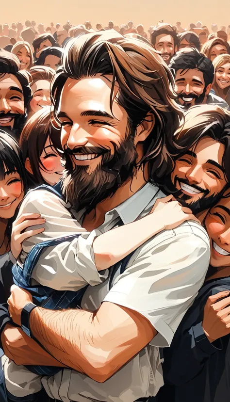 Sam Spratt style, smiling man hugging, with medium brown hair and medium beard next to a bunch of people