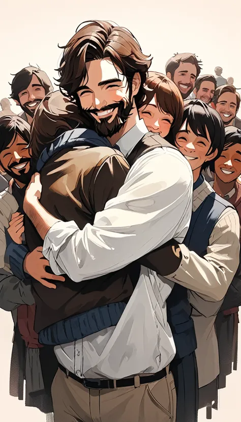 Sam Spratt style, smiling man hugging, with medium brown hair and medium beard next to a bunch of people
