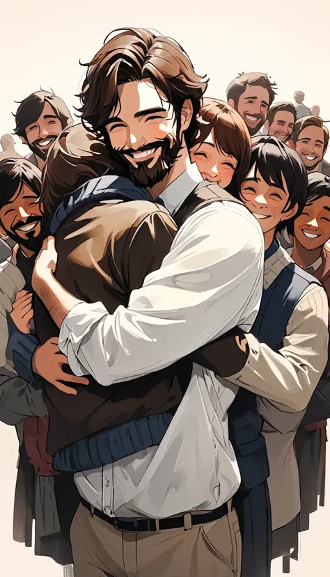 sam spratt style, smiling man hugging, with medium brown hair and medium beard next to a bunch of people