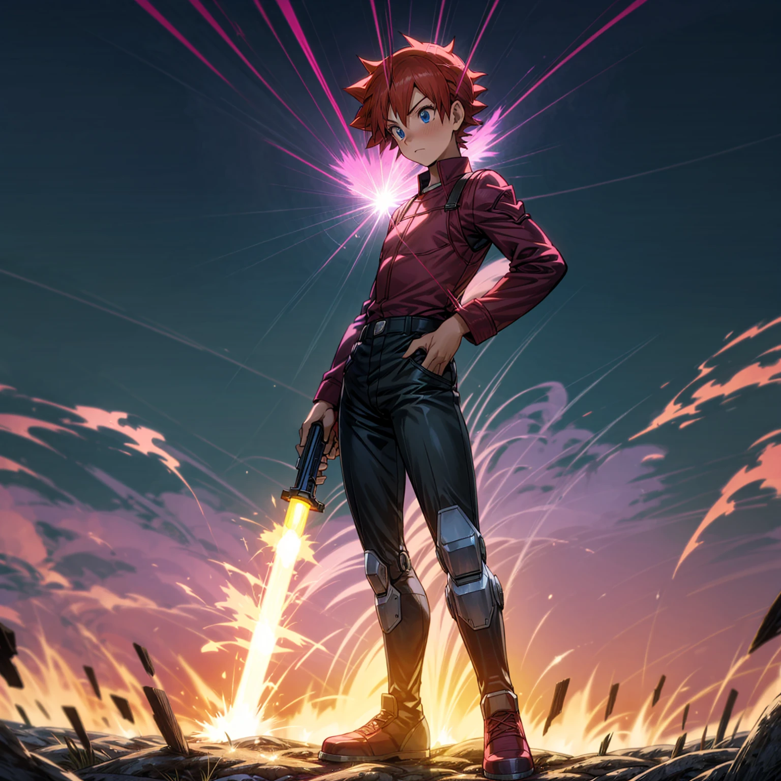 1boy, muscle, Full body version, 1character, blue eyes, short haircut, magenta color hair, Farmer style outfit, Boots, Grassroots, full background in field, motion blur, lighting, (Hunter x Hunter style art), big shotgun in hand, big weapon in hand, robot Shield in hand, smoke effect, fire effect, lighting on gun, plasma effect,