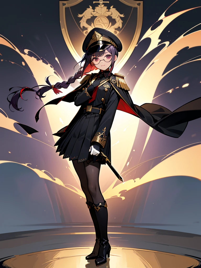 realisitic, City Deserted, Pile of rubble, Brick building, a one woman (18 years old, far away blackw hair, far away slits, Eyes red, glare eyes, 精致的面容, standing (In floor, feet shoulder-width apart), Lolita style military uniform (blackw base, Red Insert, golden decoration, volantes, wide sleeves, dainty and delicate detailing armors), blackw far away gloves (blackw, Red Insert, golden decoration, small hands, armors), blackw far away gloves, knee high boots (blackw, high-heels, red soles), ha (blackw, aba dourada, shield emblem, delicate details), arms in front, Front of belly, Holding military swords with both hands (blackw, golden decoration, delicate detail, Handle at the top, Ground-facing blade, in front of the body, far away), night sky (blackw, stele, Increased flames and smoke) Pale painting style, One Girl, super high quality, Super Detail, Super Detailed image, long hair, looking at viewer, skirt, shirt, hair ornament, violet eyes, gloves, round glasses, long sleeves, hat, closed mouth, jacket, violet hair, braid, open clothes, necktie, black gloves, black skirt, uniform, single braid, open jacket, black jacket, black headwear, 手链, Peaked cap, black necktie, cropped jacket, military hat, pantyhose, Flat Chest, smile, Black Cape