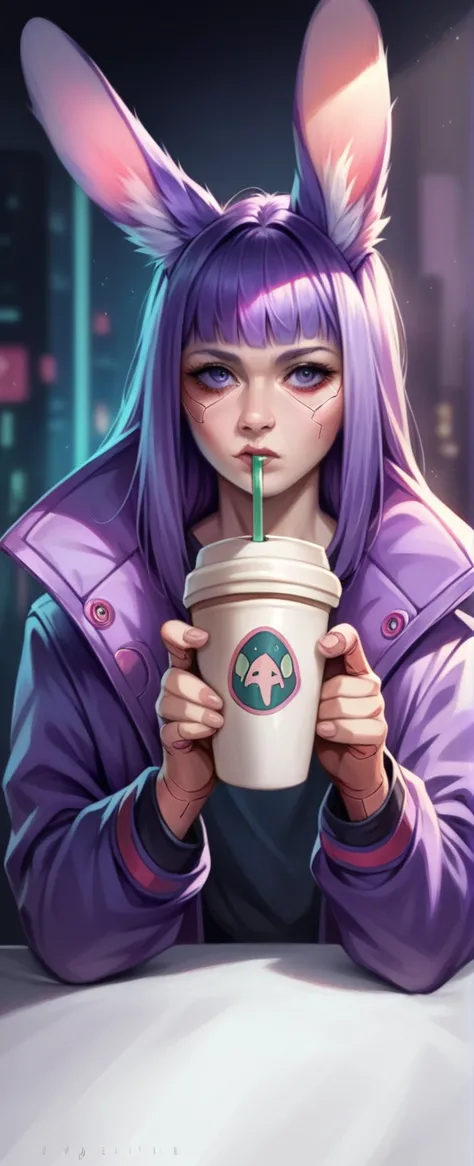 a purple fox with rabbit ears wearing a long purple jacket, cyberpunk style, drinking coffee, highly detailed, photorealistic, 8...