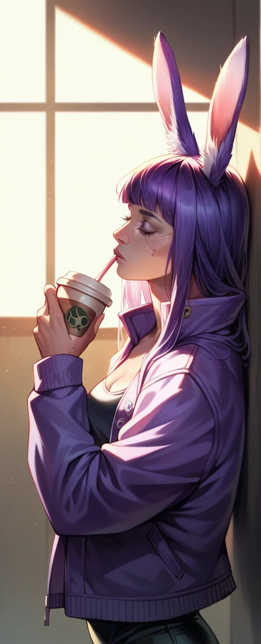 a purple fox with rabbit ears wearing a long purple jacket, cyberpunk style, drinking coffee, highly detailed, photorealistic, 8k, hyperrealistic, dramatic lighting, vivid colors, intricate details, masterpiece