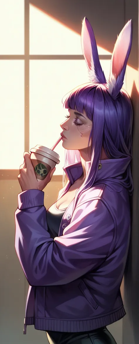 a purple fox with rabbit ears wearing a long purple jacket, cyberpunk style, drinking coffee, highly detailed, photorealistic, 8...