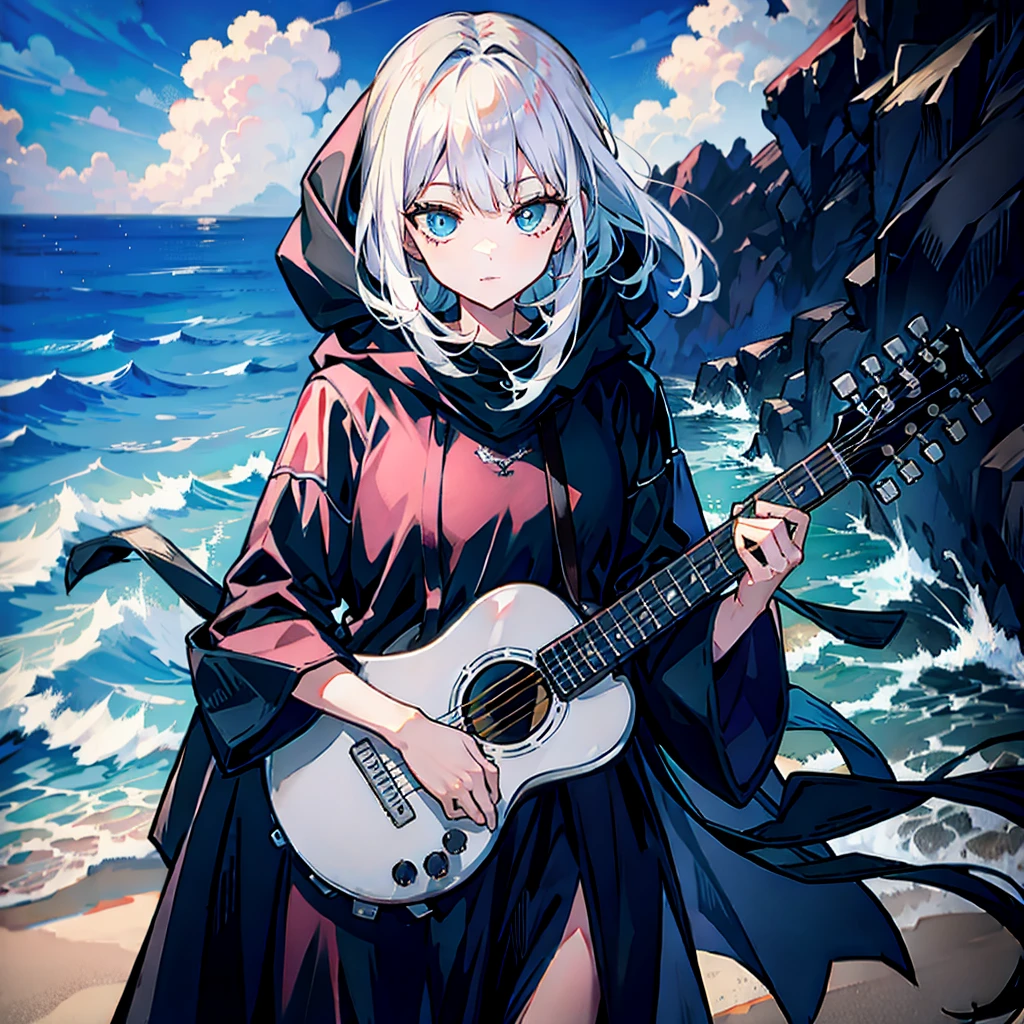 dusk，White hair girl，Wearing a black shirt，The hood covered her face，One hand holding a guitar，Facing the sea。