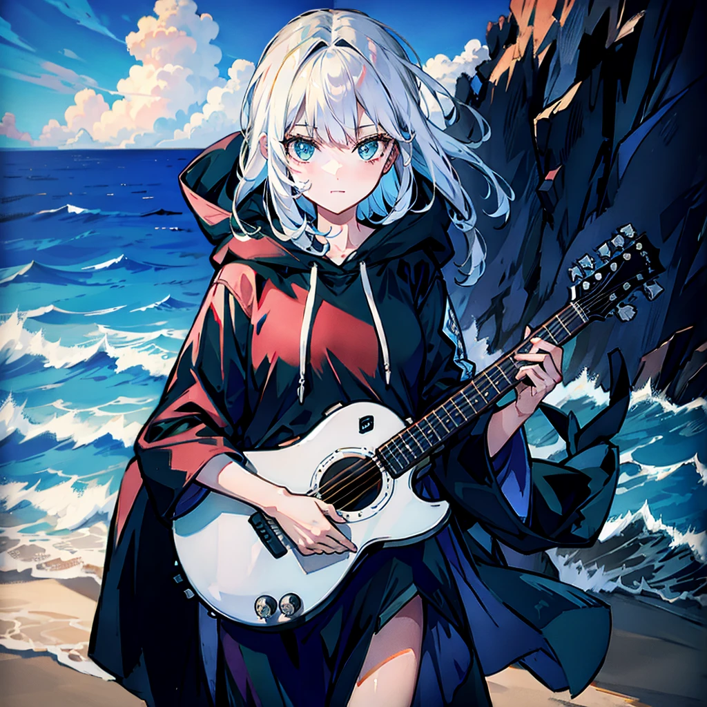 dusk，White hair girl，Wearing a black shirt，The hood covered her face，One hand holding a guitar，Facing the sea。