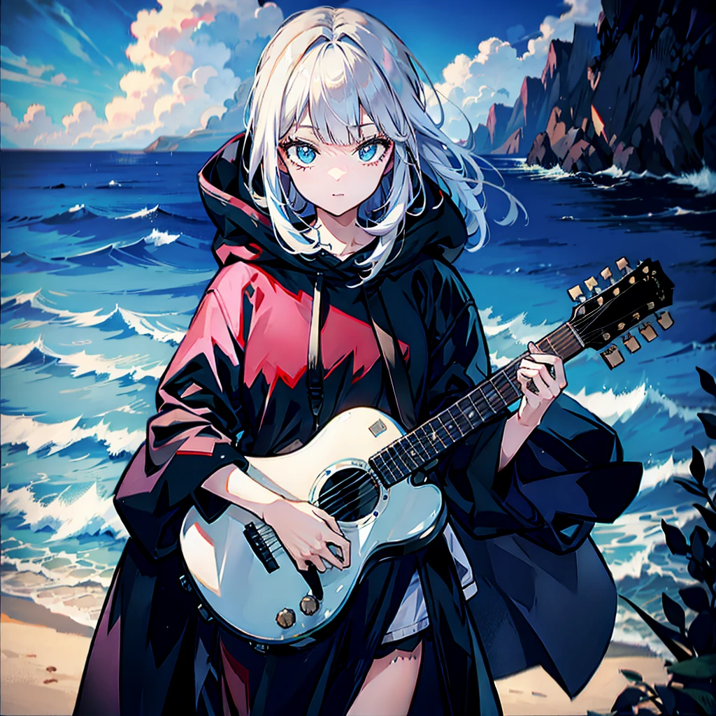 dusk，White hair girl，Wearing a black shirt，The hood covered her face，One hand holding a guitar，Facing the sea。