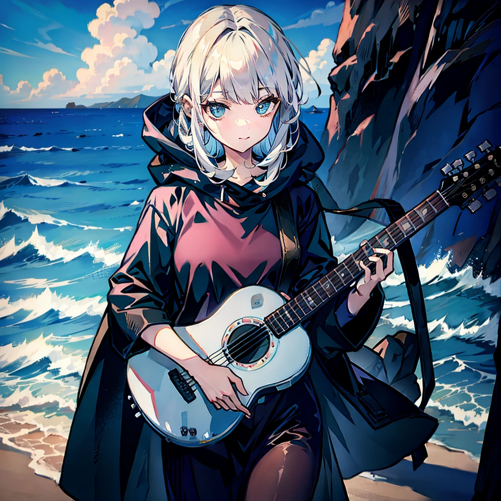 dusk，White hair girl，Wearing a black shirt，The hood covered her face，One hand holding a guitar，Facing the sea。