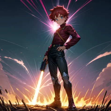 1boy, muscle, Full body version, 1character, blue eyes, short haircut, magenta color hair, Farmer style outfit, Boots, Grassroot...