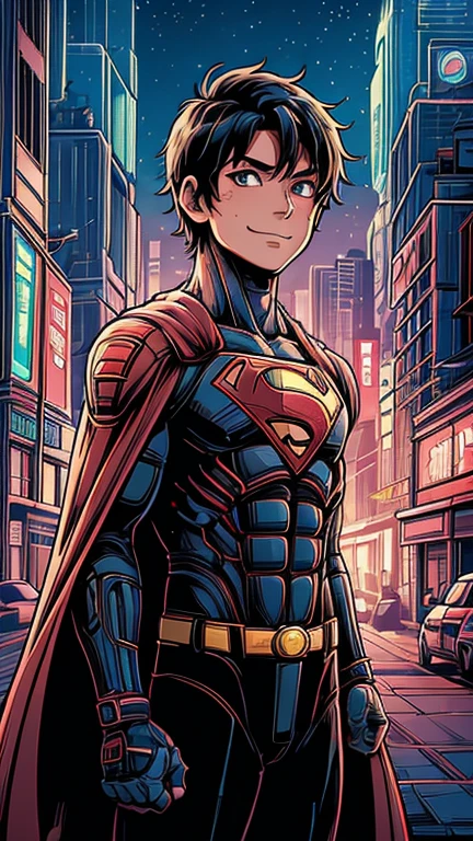 (8k),(masterpiece),(Japanese),(13-year-old boy),((innocent look)),((Childish)),From the front,Cowboy shot, upper body, smile,cute,Innocent,Kind eyes,Flat chest, DC Superman superhero, red cape, short,Hair blowing in the wind, Black Hair,Strong wind,midnight,dark, pitch black, Neon light Cyberpunk Anime Metropolis City, science fiction, mad-cyberspace