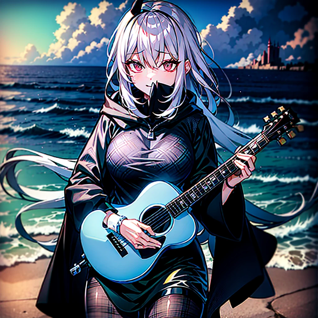 dusk，White hair girl，Wearing a black shirt，The hood covered her face，One hand holding a guitar，Facing the sea。