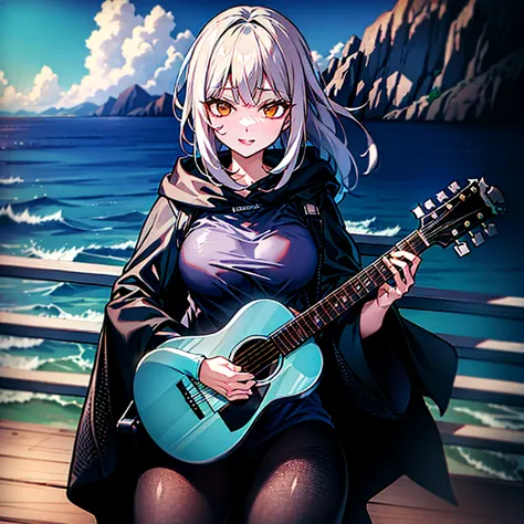 dusk，white hair girl，wearing a black shirt，the hood covered her face，one hand holding a guitar，facing the sea。