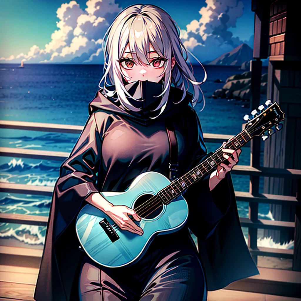 dusk，White hair girl，Wearing a black shirt，The hood covered her face，One hand holding a guitar，Facing the sea。