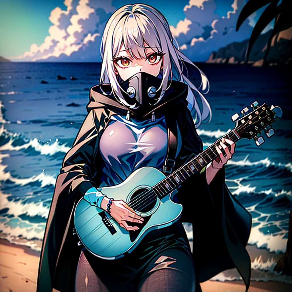 dusk，White hair girl，Wearing a black shirt，The hood covered her face，One hand holding a guitar，Facing the sea。