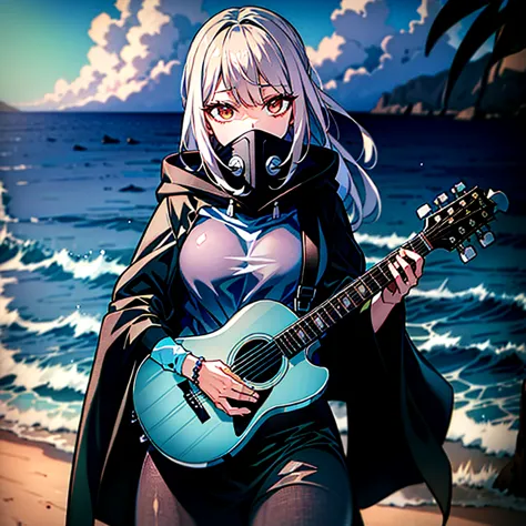 dusk，white hair girl，wearing a black shirt，the hood covered her face，one hand holding a guitar，facing the sea。