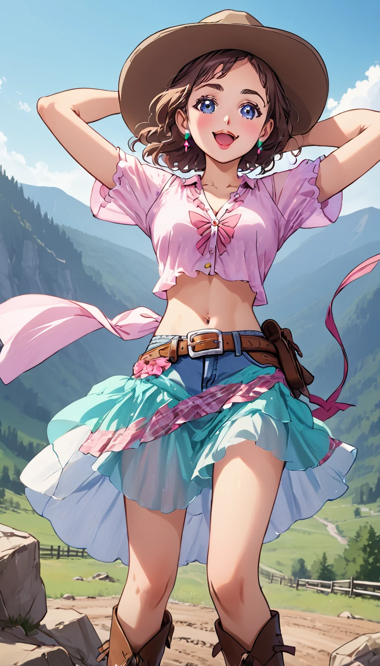 score_9, score_8_up, score_7_up, cure yell, standing, spread arms , stretching hands raise up,cowboy shot,from above,background mountain, serious smile,glossy lips,looking front