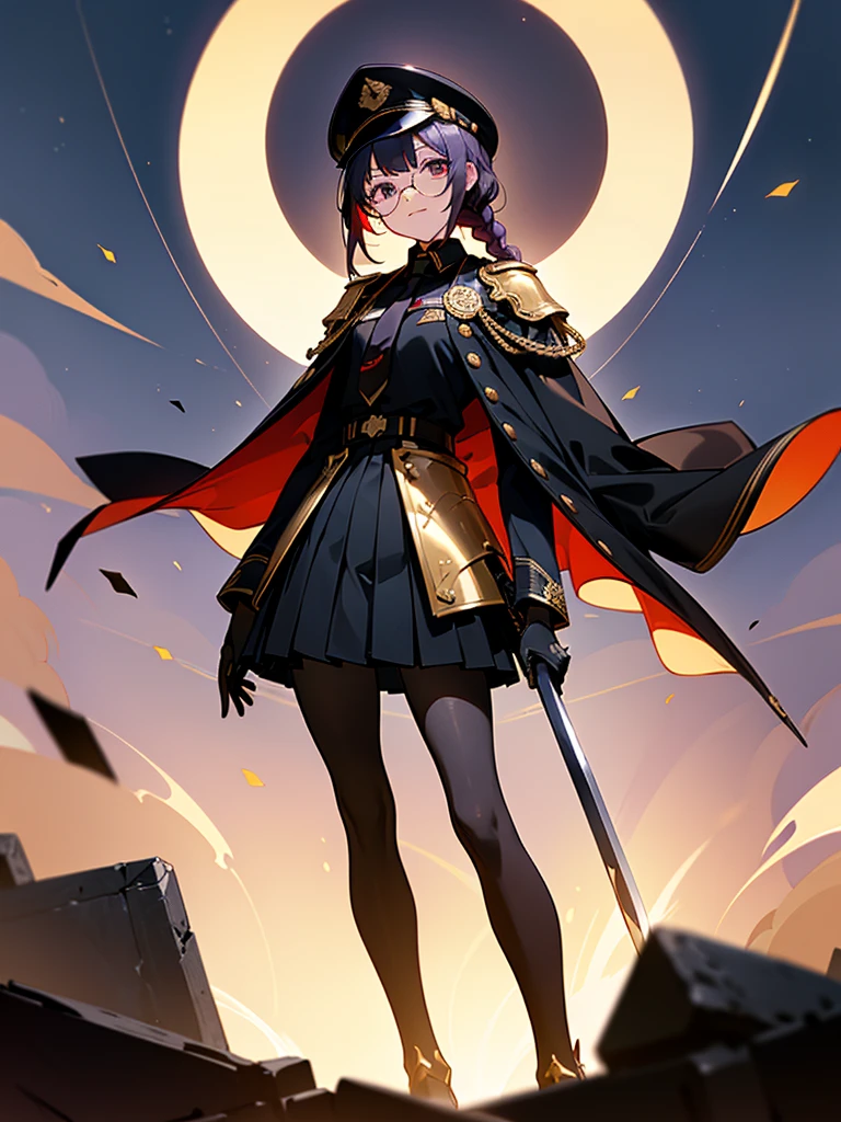 realisitic, City Deserted, Pile of rubble, Brick building, a one woman (18 years old, far away blackw hair, far away slits, Eyes red, glare eyes, 精致的面容, standing (In floor, feet shoulder-width apart), Lolita style military uniform (blackw base, Red Insert, golden decoration, volantes, wide sleeves, dainty and delicate detailing armors), blackw far away gloves (blackw, Red Insert, golden decoration, small hands, armors), blackw far away gloves, knee high boots (blackw, high-heels, red soles), ha (blackw, aba dourada, shield emblem, delicate details), arms in front, Front of belly, Holding military swords with both hands (blackw, golden decoration, delicate detail, Handle at the top, Ground-facing blade, in front of the body, far away), night sky (blackw, stele, Increased flames and smoke) Pale painting style, One Girl, super high quality, Super Detail, Super Detailed image, long hair, looking at viewer, skirt, shirt, hair ornament, violet eyes, gloves, round glasses, long sleeves, hat, closed mouth, jacket, violet hair, braid, open clothes, necktie, black gloves, black skirt, uniform, single braid, open jacket, black jacket, black headwear, 手链, Peaked cap, black necktie, cropped jacket, military hat, pantyhose, Flat Chest, smile, Black Cape