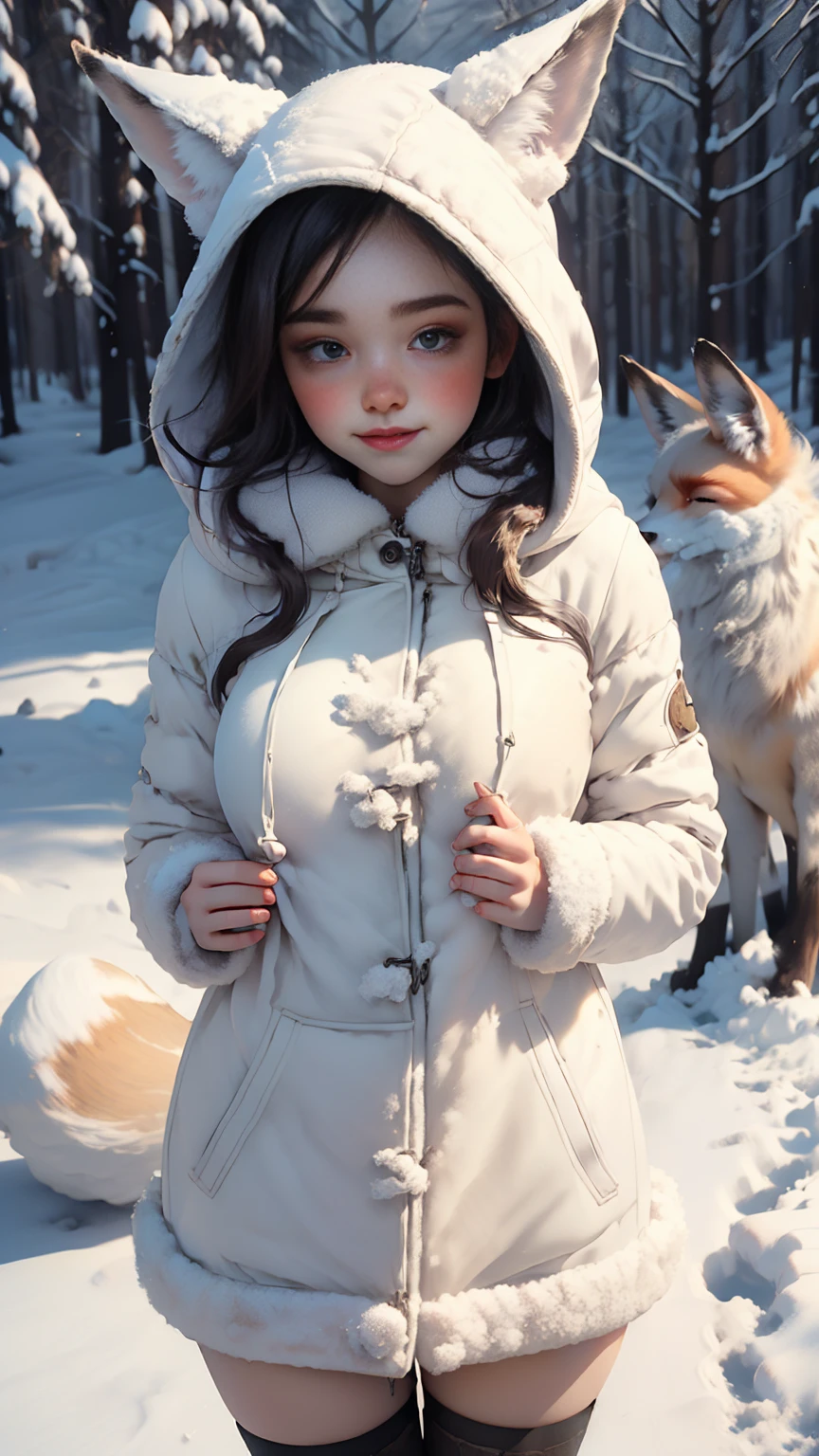 (masterpiece:1), (Best Quality:1), (1 girls, pose sexy, extra size, (((ultra realistic face))), splendid smile, , by white, Look seductively, beautiful face, totally beautiful girl , sexy, ((winter clothes, covered and warm body, hooded fox fur winter coat:1.5)), cold snow, in a circle, (Eternal:1.1), (winter nature:1.25), (cosmos:1.5), White theme, high detailed, fractal background, ((snow covering the girl&#39;s legs)), too much snow, HD,8k.