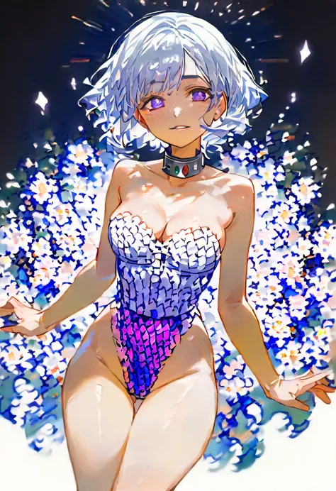 ((((masterpiece, best quality, high resolution)))), 1girl, white hair, purple eyes, bob cut, wavy hair, average breasts, blush, ...