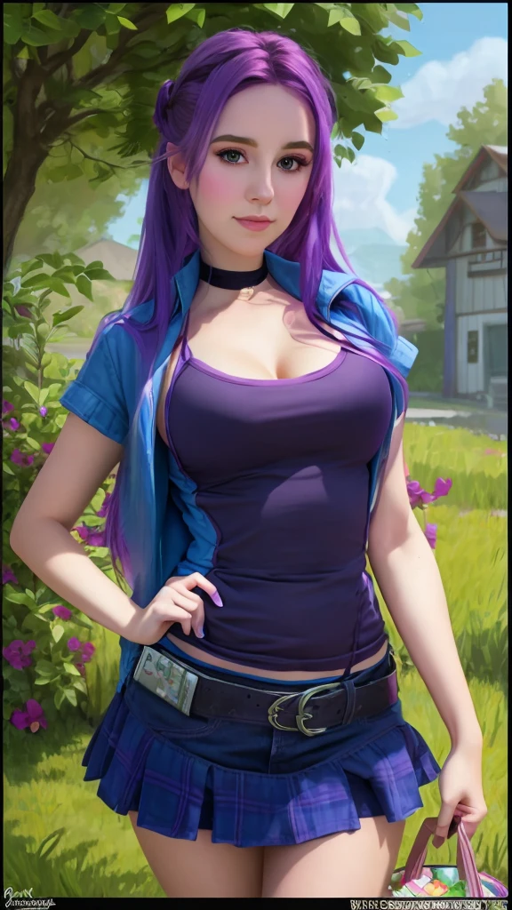 A close-up of a girl with purple hair and a blue jacket, Abigail from Stardew Valley, realistic artistic style,