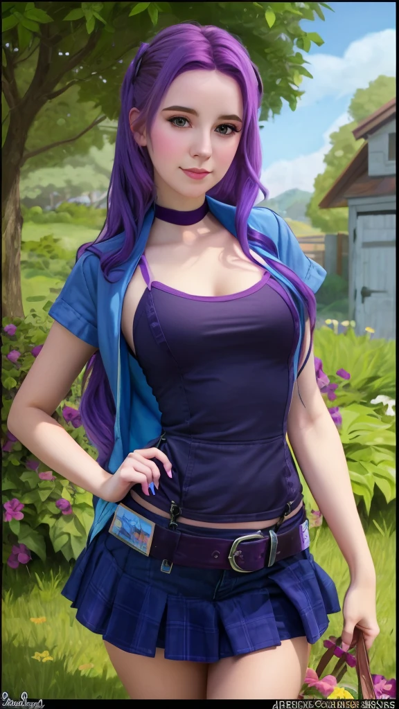 A close-up of a girl with purple hair and a blue jacket, Abigail from Stardew Valley, realistic artistic style,