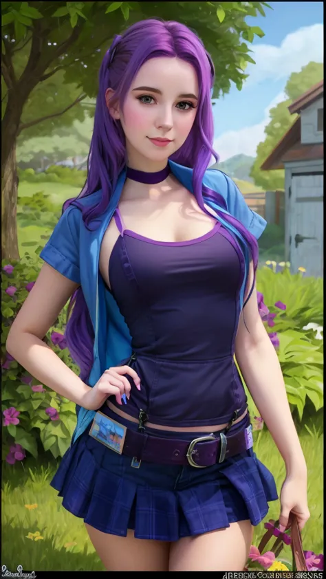 a close-up of a girl with purple hair and a blue jacket, abigail from stardew valley, realistic artistic style,