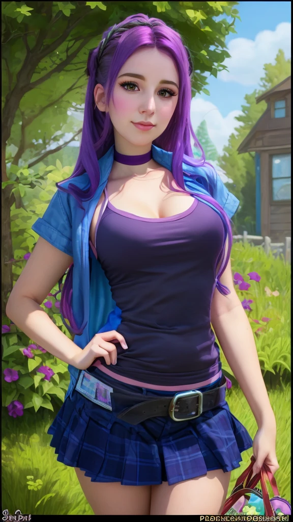 A close-up of a girl with purple hair and a blue jacket, Abigail from Stardew Valley, realistic artistic style,