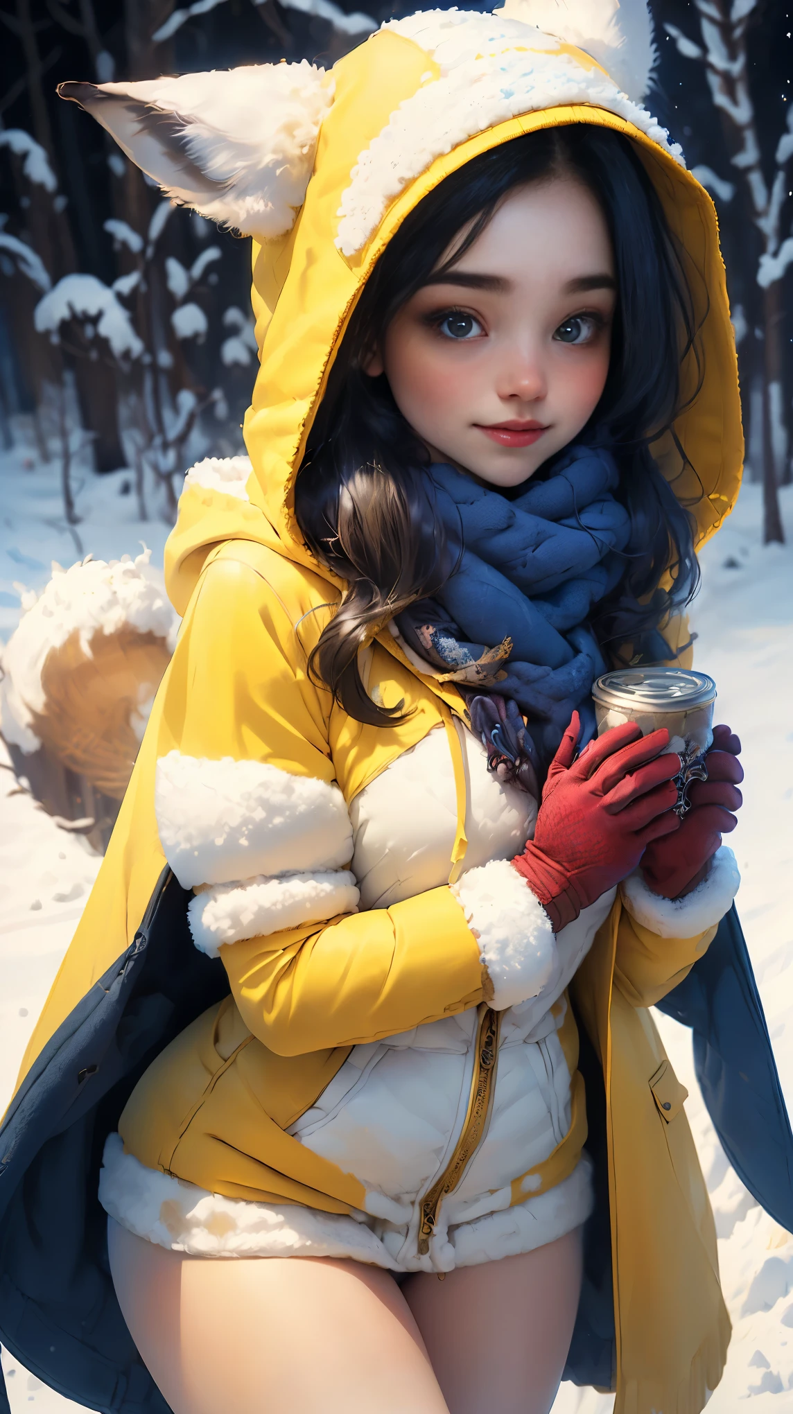 (masterpiece:1), (Best Quality:1), (1 girls, pose sexy, extra size, (((ultra realistic face))), splendid smile, , by white, Look seductively, beautiful face, totally beautiful girl , sexy, ((winter clothes, covered and warm body, hooded fox fur winter coat scarf, winter gloves bright colors, yellow, red, blue:1.5)), cold snow, in a circle, (Eternal:1.1), (winter nature:1.25), (cosmos:1.5), White theme, high detailed, fractal background, ((snow covering the girl&#39;s legs)), too much snow, HD,8k.