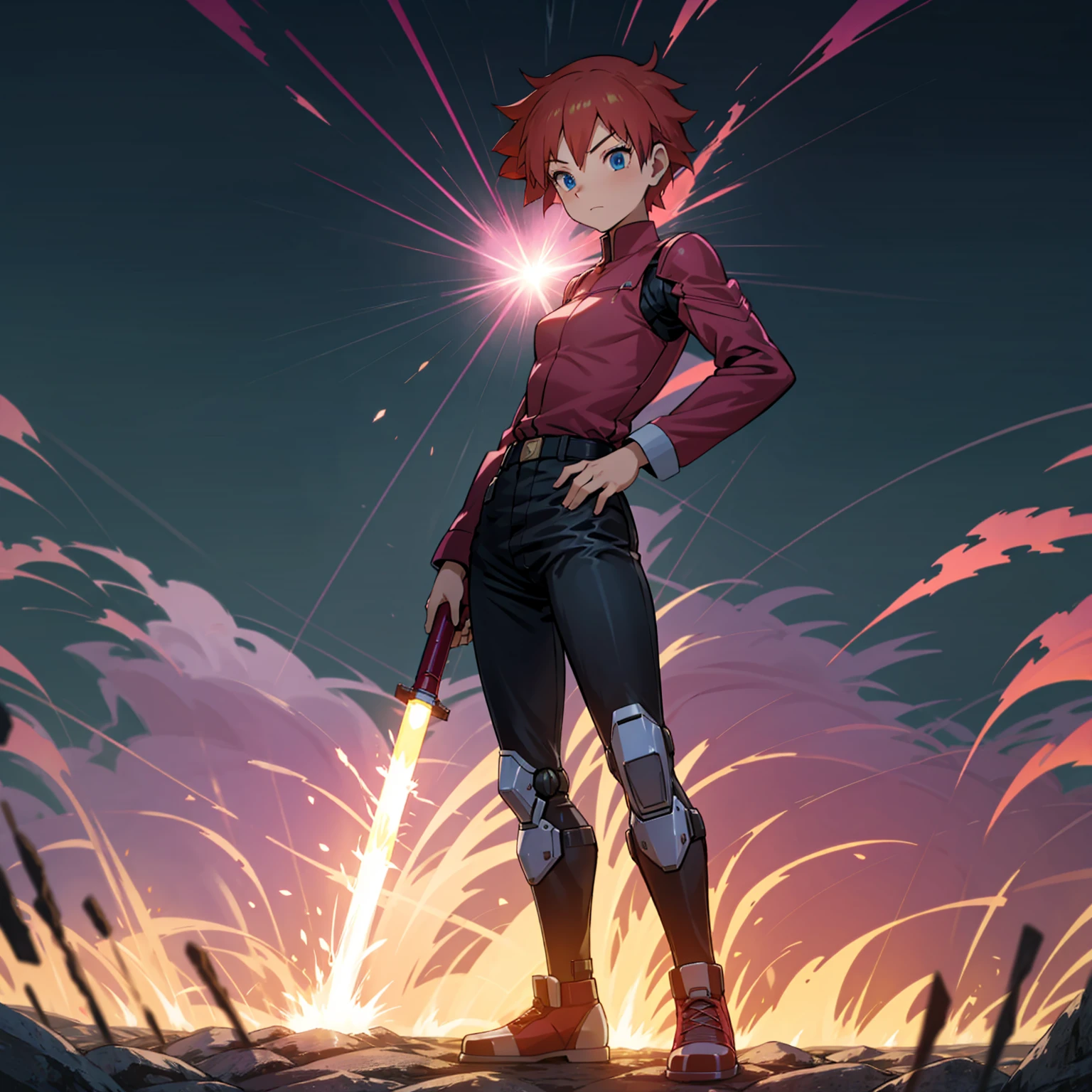 1boy, muscle, Full body version, 1character, blue eyes, short haircut, magenta color hair, Farmer style outfit, Boots, Grassroots, full background in field, motion blur, lighting, (Hunter x Hunter style art), big shotgun in hand, big weapon in hand, robot Shield in hand, smoke effect, fire effect, lighting on gun, plasma effect, Pupils face forward