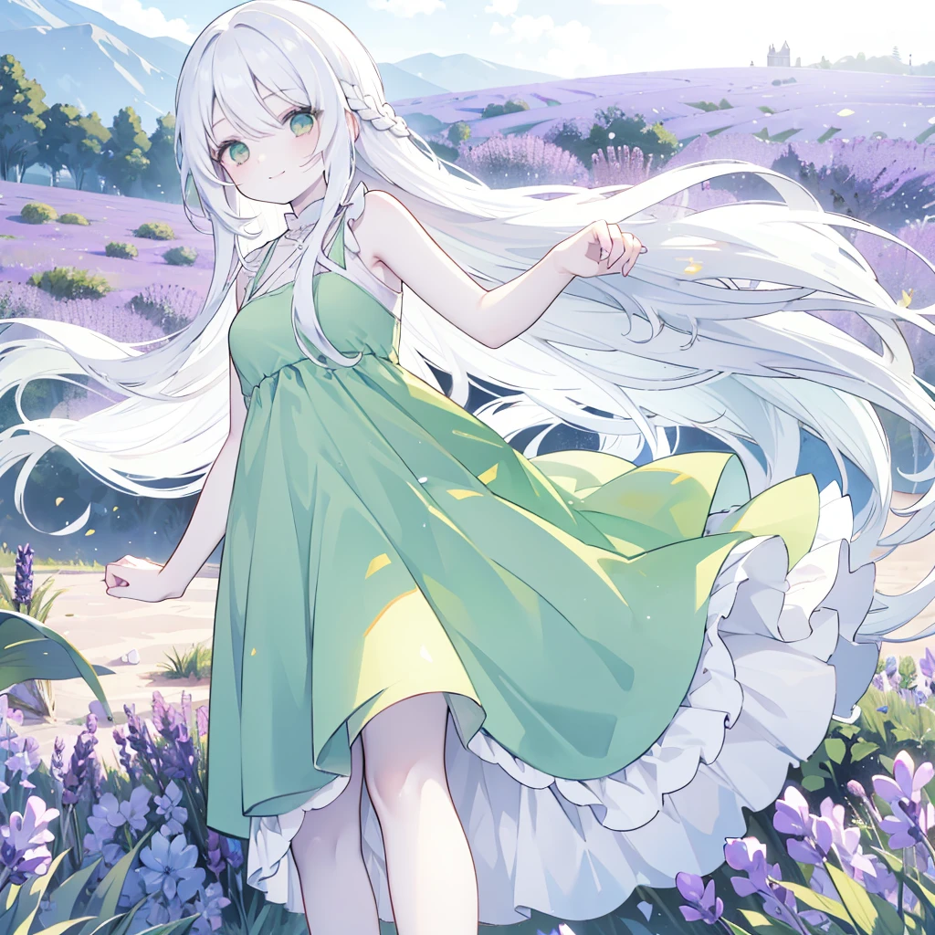 girl, standing, smiling, (healthy tanned skin), (pure white long hair:2.0), 
BREAK
sleeveless, (pale green dress:1.5), bracelet, (background is a vast lavender field:1.4), (wide blue sky:1.1) 