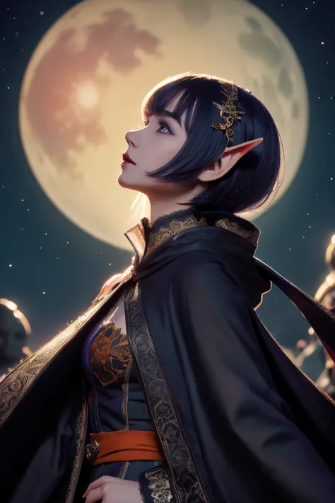 (Ultra-detailed face, looking away, Fantasy Illustration with Gothic, Ukiyo-e, Comic Art), 
BREAK 
(This is 10,000 feet above the ground. Clouds are below, and the airship shines brightly against the twinkling stars and the red moon), 
BREAK 
(DarkElves: A middle-aged dark elf woman with silver color hair, blunt bangs, bob cut and dark purple color skin, lavender color eyes), (MagicUser: A dark elf woman wears an orange wizard's robe embroidered with lace and geometric patterns), (Magical: She wears a sparkling aura), 
BREAK 
(The dark elf woman floats happily in the sky with her many puppies, speed lines)