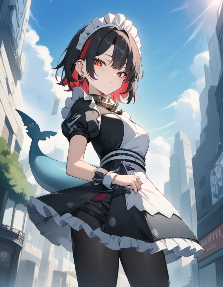 ellenjoe, ellen joe, black hair, colored inner hair, multicolored hair, (one red eye:1.3), red hair, short hair, two-tone hair, BREAK bapron, black pantyhose, black shirt, black skirt, ear piercing, fins, fish tail, maid, maid apron, maid headdress, pantyhose, piercing, puffy short sleeves, puffy sleeves, shark girl, shark tail, shirt, short sleeves, skirt, tail, two-tone hair, wrist cuffs, BREAK outdoors, city, sky, clouds, sun, park BREAK looking at viewer, (cowboy shot:1.5), BREAK (masterpiece:1.2), best quality, high resolution, unity 8k wallpaper, (illustration:0.8), (beautiful detailed eyes:1.6), extremely detailed face, perfect lighting, extremely detailed CG, (perfect hands, perfect anatomy)
