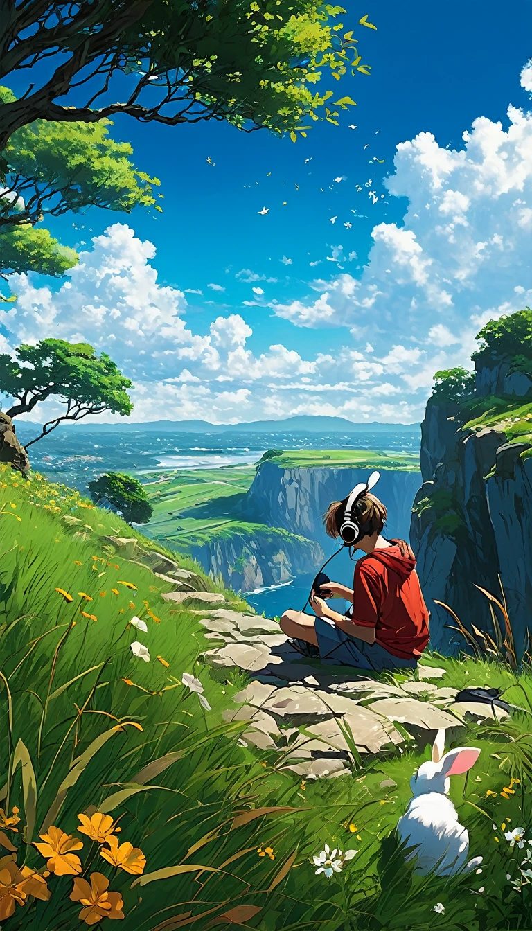 a boy sitting under a tree near a cliff in a meadow , seeing a vast blue sky with fluffy clouds and brush strokes , tall grasses stones, , makoto shinkai cyril rolando, anime art wallpaper 4k, anime art wallpaper 4k, animated background, anime art wallpaper 8K, animated background art, Anime Landscape Wallpaper, amazing wallpaper, HD wallpaper, 4k anime wallpaper, 4k anime wallpaper, Aries Moross art,art by Bob Byerley , AshleyWoodArtAI, greg rutkowski, flower, very colourful, flower velly, rabbit near the boy,boy listening music using by headphone
