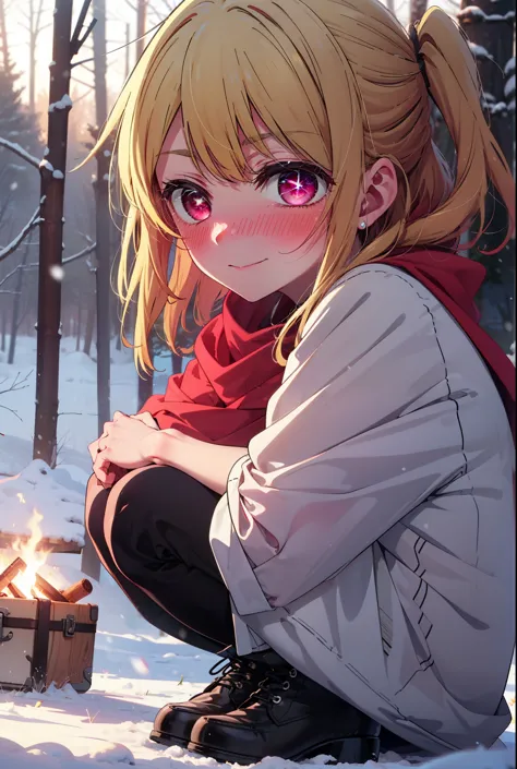 rubyhoshino, Hoshino Ruby, Long Hair, bangs, blonde, (Pink Eyes:1.3), Side Lock, (Symbol-shaped pupil:1.5), Multicolored Hair, Two-tone hair, smile,,smile,blush,white breath,
Open your mouth,snow,Ground bonfire, Outdoor, boots, snowing, From the side, wood, suitcase, Cape, Blurred, , forest, White handbag, nature,  Squat, Mouth closed, Cape, winter, Written boundary depth, Black shoes, red Cape break looking at viewer, Upper Body, whole body, break Outdoor, forest, nature, break (masterpiece:1.2), Highest quality, High resolution, unity 8k wallpaper, (shape:0.8), (Beautiful and beautiful eyes:1.6), Highly detailed face, Perfect lighting, Extremely detailed CG, (Perfect hands, Perfect Anatomy),