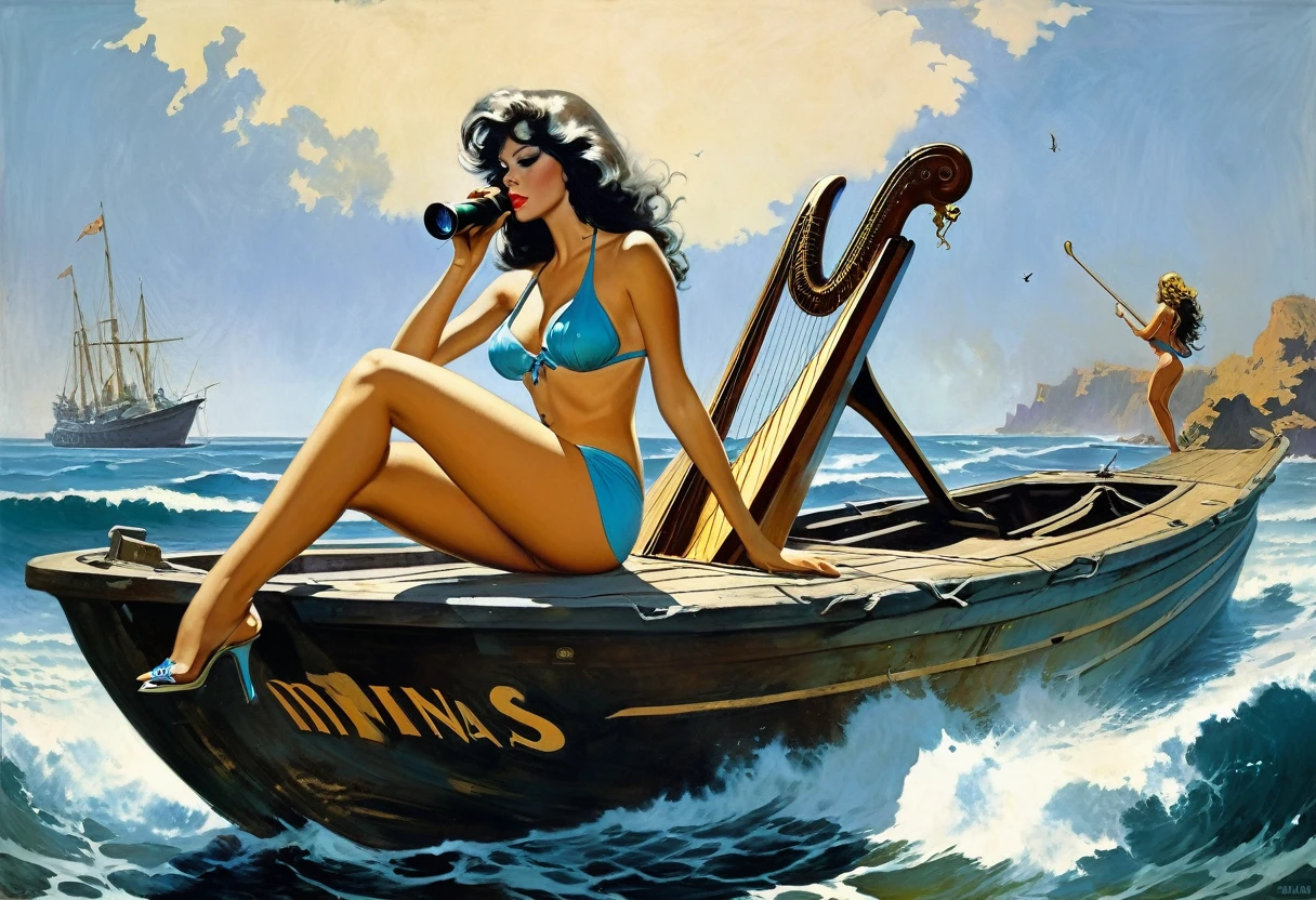 Painting of a bikini-clad siren sitting on the edge of a broken boat, looking through binoculars, with a harp at her feet, inspired by Robert McGinnis, Robert McGinnis, boris vallejo, boris vallejo, boris vallejo and ilia juggs, 60s sci-fi pinup, boris vallejo and julie bell, frank frazetta style paintings, boris vallejo style, boris vallejo style, boris vallejo style