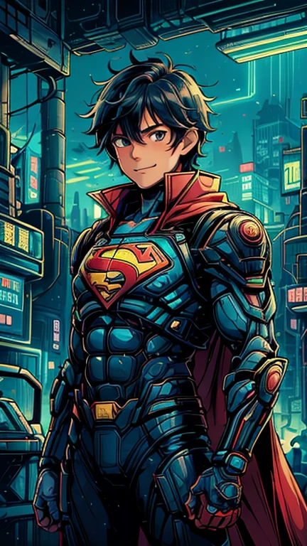 (8k),(masterpiece),(Japanese),(13-year-old boy),((innocent look)),((Childish)),From the front,Cowboy shot, upper body, smile,cute,Innocent,Kind eyes,Flat chest, DC Superman superhero, red cape, short,Hair blowing in the wind, Black Hair,Strong wind,midnight,dark, pitch black, Neon light CyberpunkWorld Metropolis City,