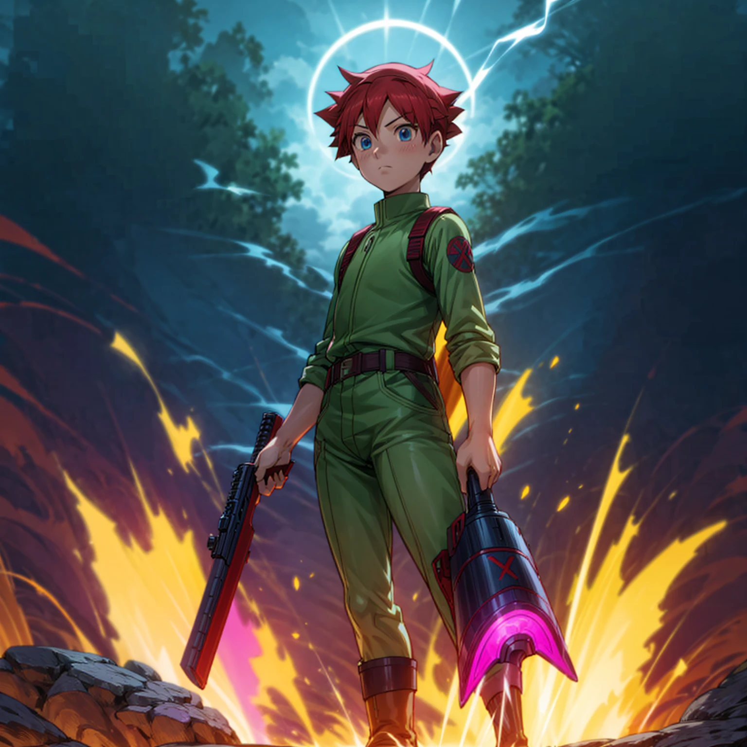 1boy, muscle, Full body version, 1character, blue eyes, short haircut, magenta color hair, Farmer style outfit, Boots, Grassroots, full background in field, motion blur, lighting, (Hunter x Hunter style art), big shotgun in hand, big weapon in hand, robot Shield in hand, smoke effect, fire effect, lighting on gun, plasma effect,