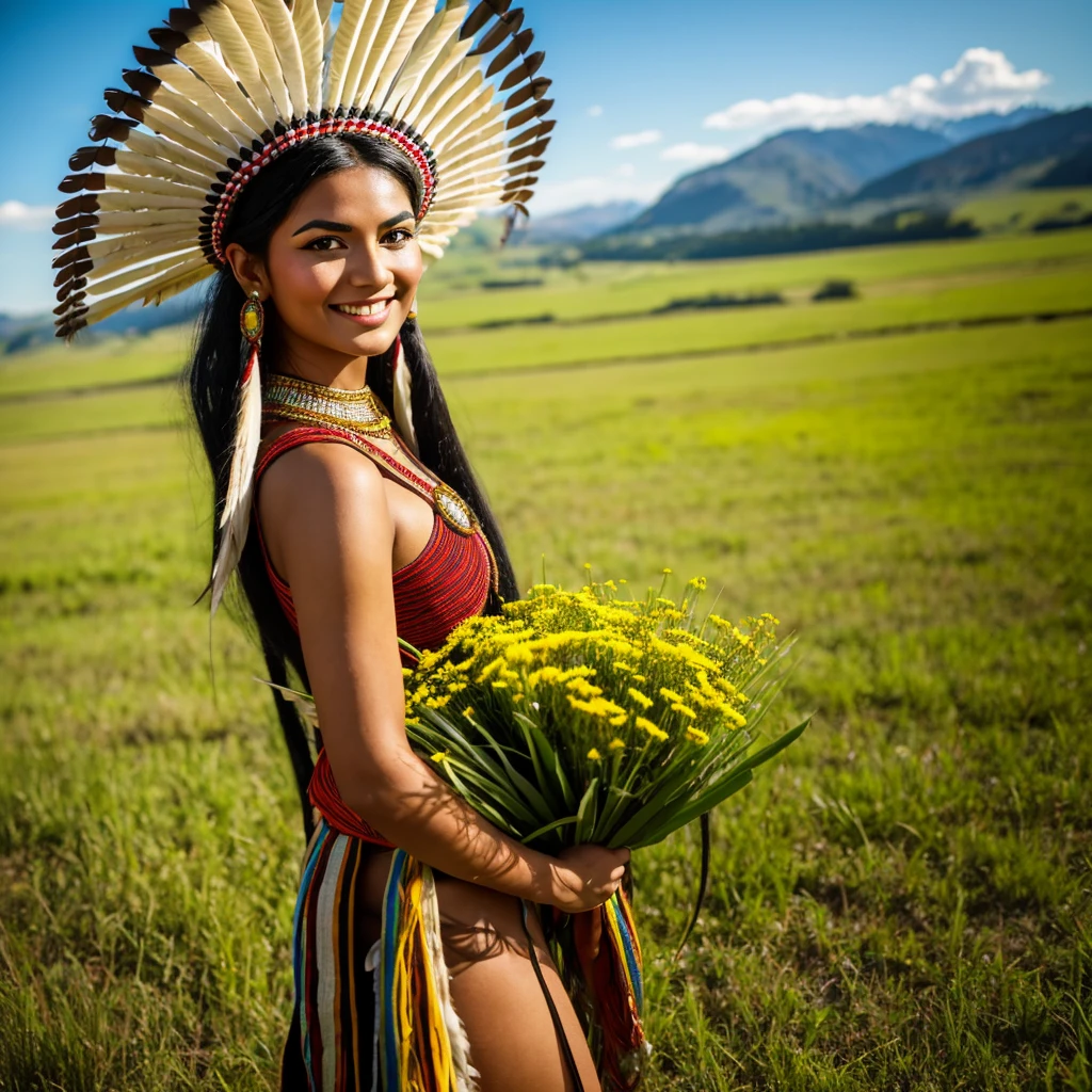 A photo of the face of a Native American woman, with green eyes, black hair, and a highly detailed Cherokee headdress adorning her head. She smiles towards the camera. She wears traditional and abbreviated indigenous clothing, showcasing her slender body. She is walking through a grassy plain with flowers. The photo captures the natural beauty and cultural richness of the Native American woman. The cinematic lighting highlights the intricate details of her headdress and brings out the depth of her green eyes, creating a captivating effect. The Unreal Engine ensures a photorealistic quality, making the image feel like a moment frozen in time. Her black hair contrasts beautifully with the vibrant colors of the headdress, adding to her striking appearance. Her traditional clothing reflects her cultural heritage and complements the natural setting of the grassy plain. The woman's smile exudes warmth and positivity, creating a connection with the viewer. Her slender body and traditional attire showcase her cultural identity and resilience. The natural setting of the grassy plain with flowers provides a picturesque backdrop, adding to the authenticity of the scene. The camera chosen for this photo captures the intricate details of her expression and attire. The result is a visually engaging image that celebrates the woman's heritage and individuality, capturing her captivating appearance and cultural significance in a single frame. The combination of her unique features, traditional attire, and the natural surroundings make the photo exude a sense of cultural pride and harmony with nature