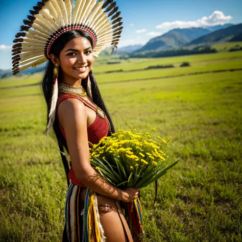 a photo of the face of a native american woman, with green eyes, black hair, and a highly detailed cherokee headdress adorning h...