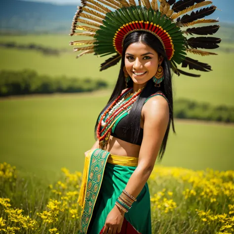 a photo of the face of a native american woman, with green eyes, black hair, and a highly detailed cherokee headdress adorning h...