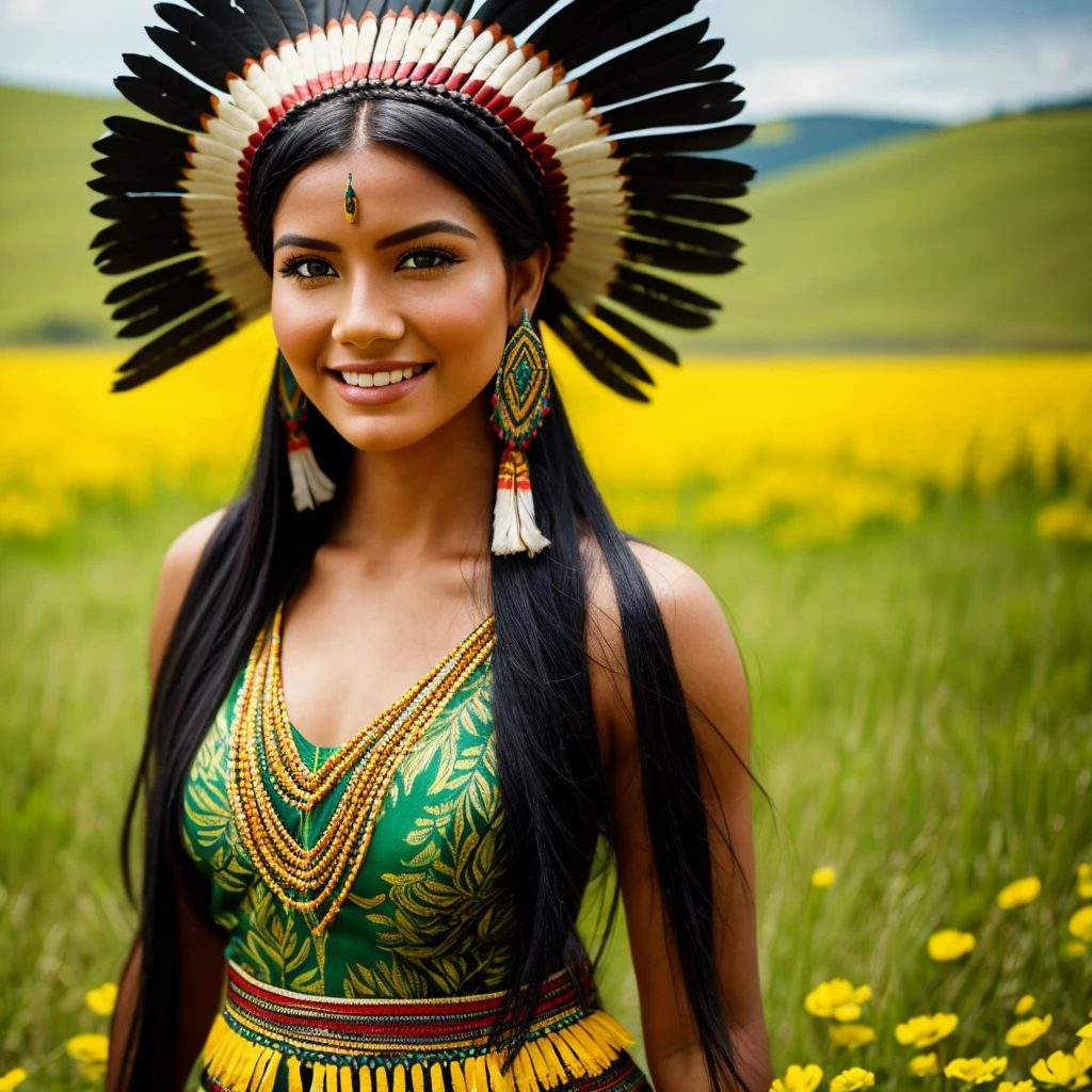 A photo of the face of a Native American woman, with green eyes, black hair, and a highly detailed Cherokee headdress adorning her head. She smiles towards the camera. She wears traditional and abbreviated indigenous clothing, showcasing her slender body. She is walking through a grassy plain with flowers. The photo captures the natural beauty and cultural richness of the Native American woman. The cinematic lighting highlights the intricate details of her headdress and brings out the depth of her green eyes, creating a captivating effect. The Unreal Engine ensures a photorealistic quality, making the image feel like a moment frozen in time. Her black hair contrasts beautifully with the vibrant colors of the headdress, adding to her striking appearance. Her traditional clothing reflects her cultural heritage and complements the natural setting of the grassy plain. The woman's smile exudes warmth and positivity, creating a connection with the viewer. Her slender body and traditional attire showcase her cultural identity and resilience. The natural setting of the grassy plain with flowers provides a picturesque backdrop, adding to the authenticity of the scene. The camera chosen for this photo captures the intricate details of her expression and attire. The result is a visually engaging image that celebrates the woman's heritage and individuality, capturing her captivating appearance and cultural significance in a single frame. The combination of her unique features, traditional attire, and the natural surroundings make the photo exude a sense of cultural pride and harmony with nature