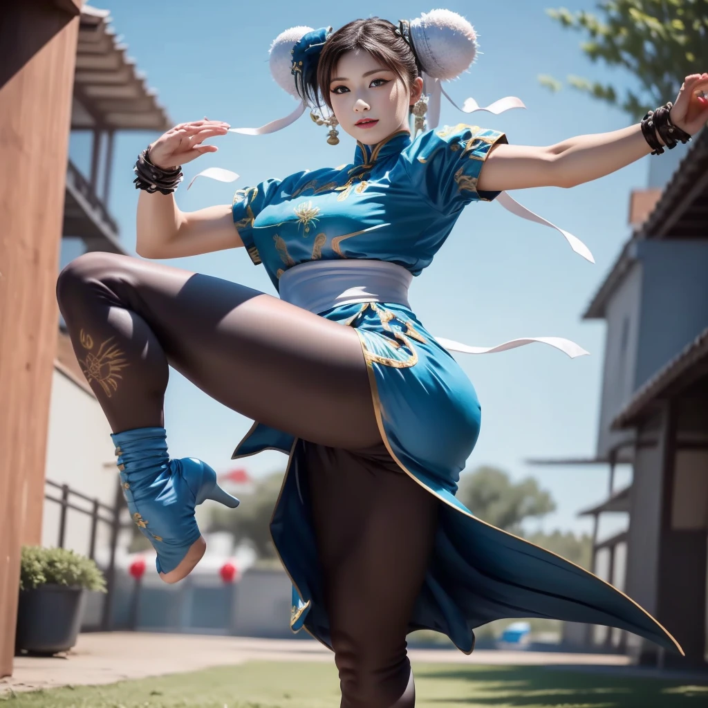 Dans une séance photo professionnelle et marketing réaliste, capturer Chun Li, Point culminant pour les mains qui doivent avoir cinq doigts sur chaque main, le personnage emblématique de Street Fighter, dans une pose d&#39;action intermédiaire. Montrez votre force et votre détermination alors qu&#39;elle exécute un puissant coup de pied haut., sa concentration et son intensité sont évidentes dans ses yeux perçants. Mettez en valeur votre tenue traditionnelle d&#39;inspiration chinoise, Complet avec des détails brodés et des couleurs vives qui transmettent votre héritage et vos prouesses en arts martiaux., Améliorez la composition avec un éclairage dynamique qui accentue les contours de votre physique musclé, garder l&#39;arrière-plan propre et minimaliste, lui permettant d’être le centre d’attention, Accent sur des mains qui doivent être naturelles et réalistes