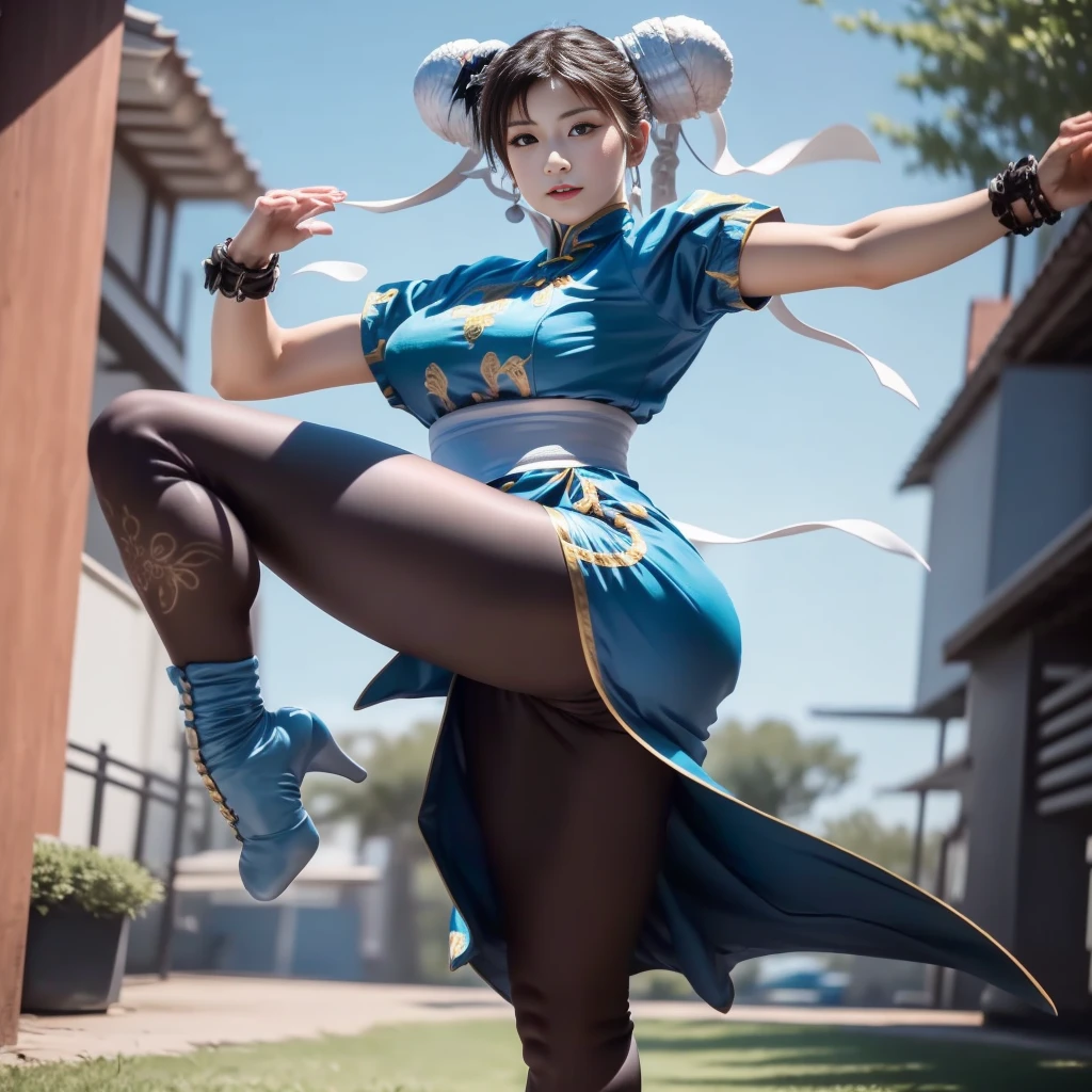 Dans une séance photo professionnelle et marketing réaliste, capturer Chun Li, Point culminant pour les mains qui doivent avoir cinq doigts sur chaque main, le personnage emblématique de Street Fighter, dans une pose d&#39;action intermédiaire. Montrez votre force et votre détermination alors qu&#39;elle exécute un puissant coup de pied haut., sa concentration et son intensité sont évidentes dans ses yeux perçants. Mettez en valeur votre tenue traditionnelle d&#39;inspiration chinoise, Complet avec des détails brodés et des couleurs vives qui transmettent votre héritage et vos prouesses en arts martiaux., Améliorez la composition avec un éclairage dynamique qui accentue les contours de votre physique musclé, garder l&#39;arrière-plan propre et minimaliste, lui permettant d’être le centre d’attention, Accent sur des mains qui doivent être naturelles et réalistes