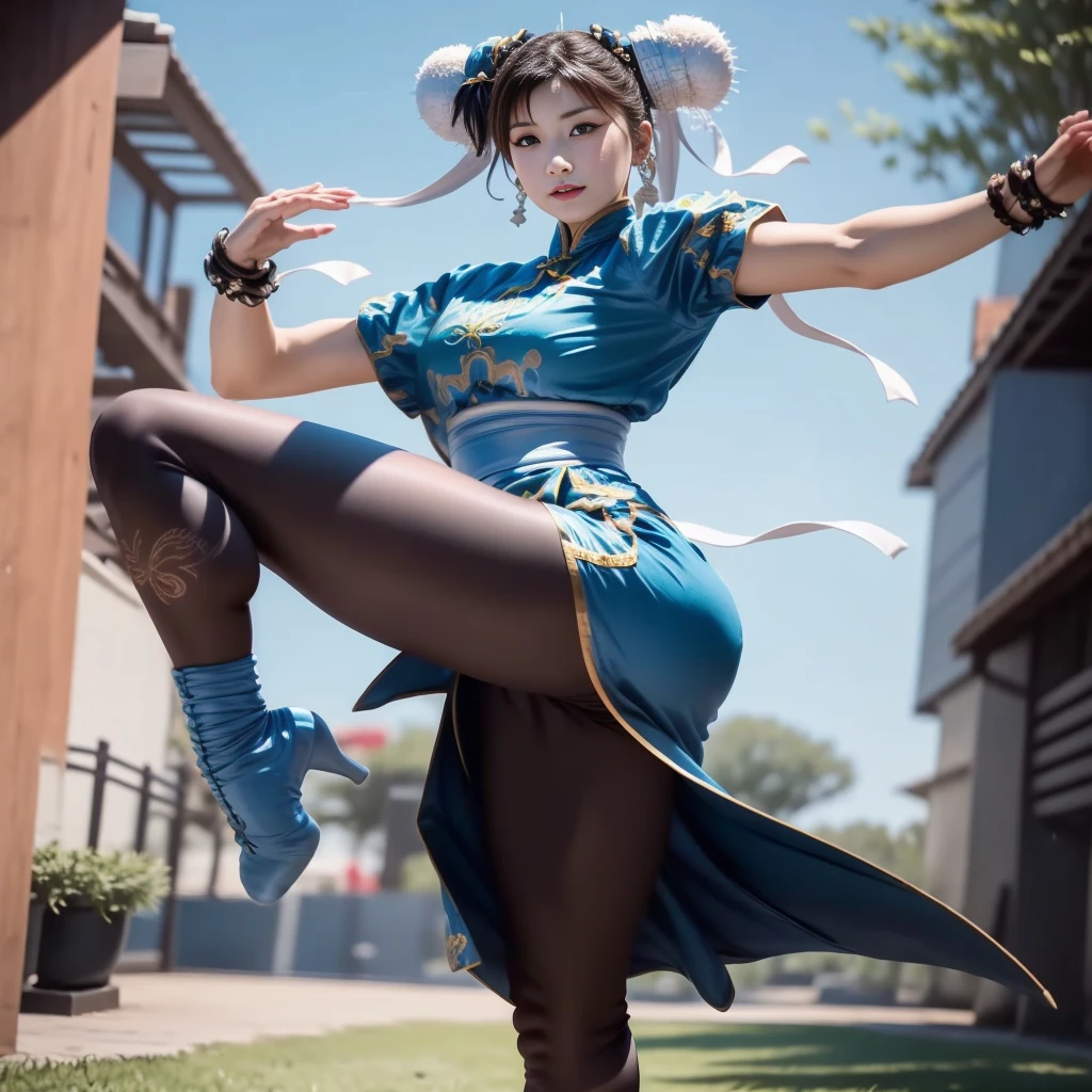 Dans une séance photo professionnelle et marketing réaliste, capturer Chun Li, Point culminant pour les mains qui doivent avoir cinq doigts sur chaque main, le personnage emblématique de Street Fighter, dans une pose d&#39;action intermédiaire. Montrez votre force et votre détermination alors qu&#39;elle exécute un puissant coup de pied haut., sa concentration et son intensité sont évidentes dans ses yeux perçants. Mettez en valeur votre tenue traditionnelle d&#39;inspiration chinoise, Complet avec des détails brodés et des couleurs vives qui transmettent votre héritage et vos prouesses en arts martiaux., Améliorez la composition avec un éclairage dynamique qui accentue les contours de votre physique musclé, garder l&#39;arrière-plan propre et minimaliste, lui permettant d’être le centre d’attention, Accent sur des mains qui doivent être naturelles et réalistes